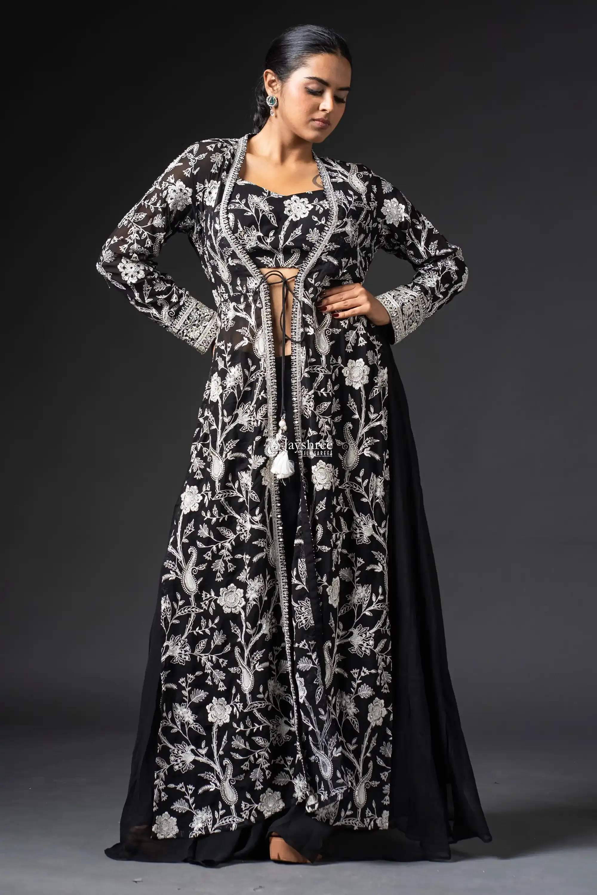 Manish Malhotra Inspired Contrast Lucknowi Dora Work Choli And Jacket With Palazzo Pants