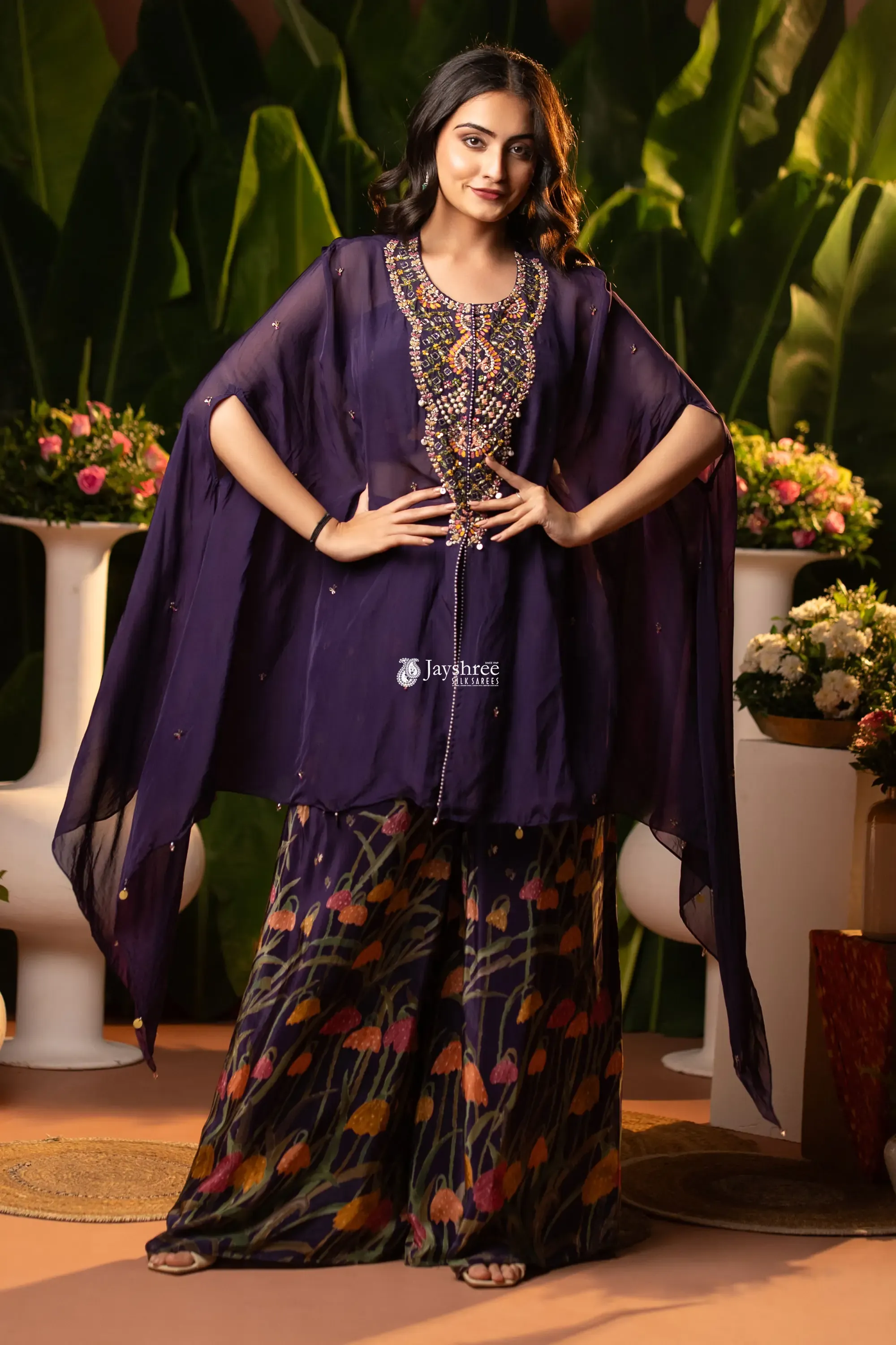Beautifully Designed Cape Kaftan With Crafted Neckline And Printed Blouse Inner Flowy Palazzo Pants